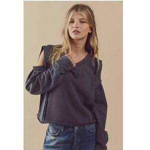 Free People Davis Cold Shoulder Sweatshirt Gray Charcoal Raw Seam Pullover NWOT